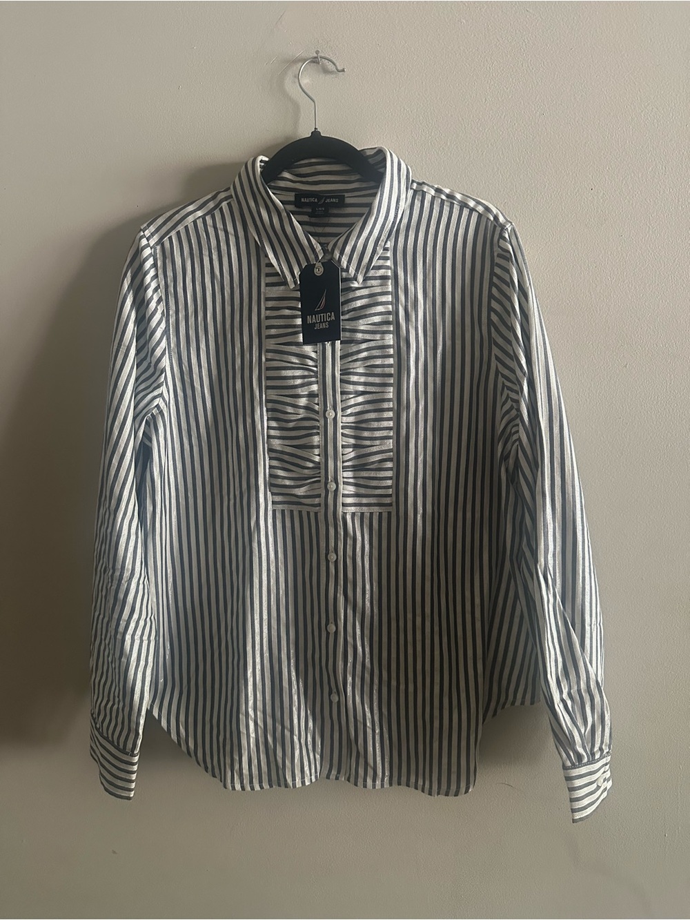 Nautica White and Navy Vertical Stripe Button-Down Shirt NWT Size L